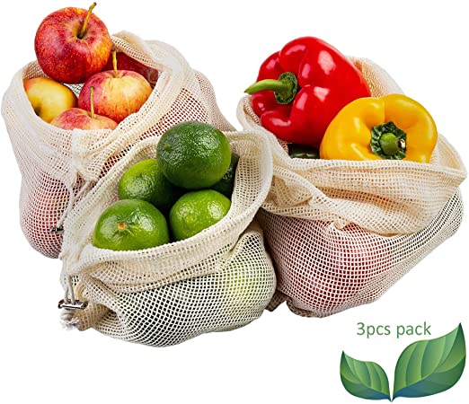 ECENCE Set of 3 Fruit and Vegetable Bags Environmentally Friendly Plastic-Free Washable Sturdy String Bags Made of Cotton with Tare Weight on Tags 13020104