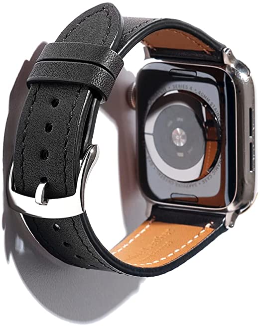 SONAMU New York New Barenia Leather Band Compatible with Apple Watch 38mm to 45mm, Premium Leather Strap Square Buckle Compatible with iWatch Series 7 6 5 4 3 2 1 (Black, 41mm/40mm/38mm)