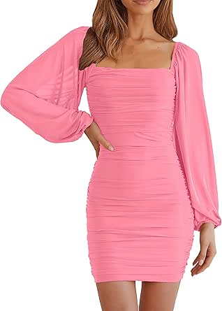 MEROKEETY Women Square Neck Lantern Long Sleeve Mesh Ruched Bodycon Clubwear Mini Dress