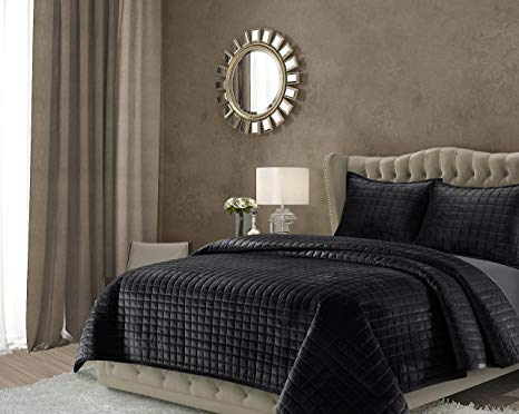 Tribeca Living FLORENCEQUIQUBL Florence Velvet Oversized Solid Quilt Set Queen Black