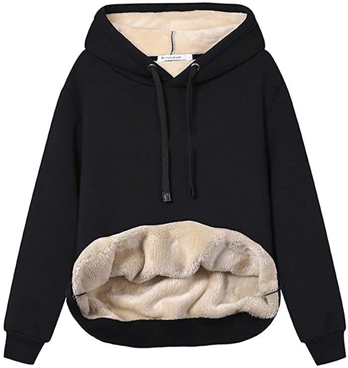 Haellun Womens Casual Winter Warm Fleece Sherpa Lined Pullover Hooded Sweatshirt