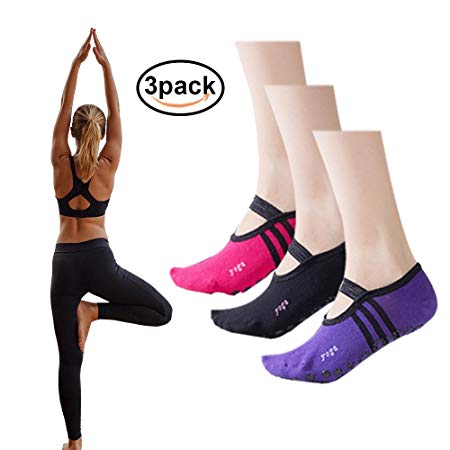 LetsRun Yoga Socks, Non Slip Skid Barre Pilates Ballet Socks for Women 3 Pairs Cotton Socks