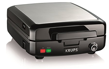 KRUPS GQ502D Adjustable Temperature Belgian Waffle Maker with Removable Plates, 4-Slice, Silver and Black