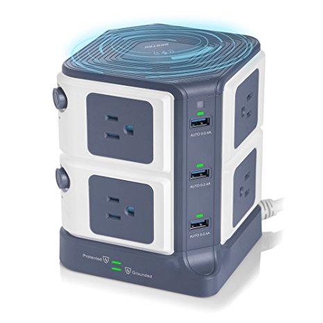 USB Power Strip with Wireless Charger BESTEK 8-Outlet Surge Protector and 40W 6-Port USB Charging Station,1500 Joules