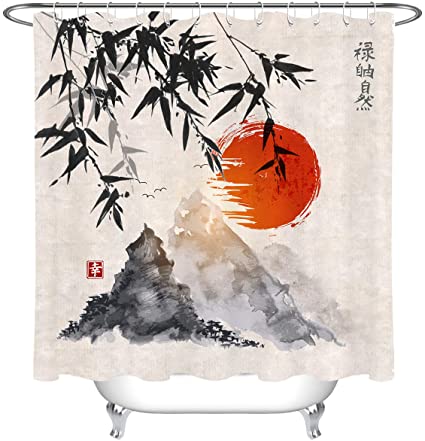 LB Asian Style Japanese Ink Painting Shower Curtain for Bathroom,Watercolor Bamboo Leaves Fuji Mountain Sunset Background Stall Shower Curtain Waterproof Polyester Fabric with Hooks,59x70 Inches