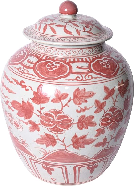 Coral Red Ginger Jar Bird Motif Large Porcelain