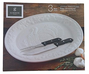 Gibson Home Joyful Traditions 3-Piece Platter and Carving Set - Includes Large Turkey Serving Platter, Serving/Roast Fork and Carving Knife