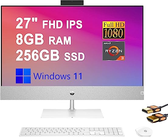 HP Pavilion 27 All-in-One Desktop Computer 27" FHD IPS Micro-Edge Display AMD Quad-core Ryzen 3 5300U (Beats i5-10210U) 8GB RAM 256GB SSD Keyboard & Mouse USB-C B&O Webcam Win11 Silver   HDMI Cable