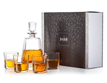 JoyJolt Luna 5 Piece Whiskey Decanter And Glass Set, 100% Lead-Free Crystal Bar Set Prefer For Scotch, Liquor, Bourbon Comes with A Whisky Decanter Sets And 4 Old Fashioned Glasses.