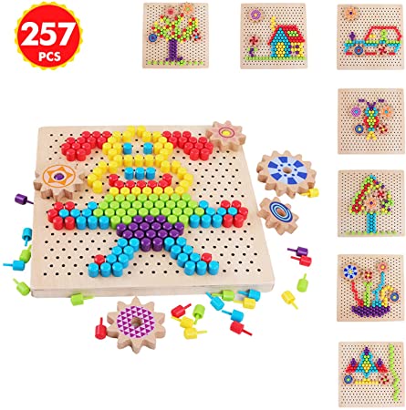QZM Wooden Peg Board Puzzle Mosaic Pegboard Game with 250pcs Colorful Mushroom Nails Puzzles 3D Pixel Color Brain Board Game for Kids Toddlers Christmas Gift for Boys girls