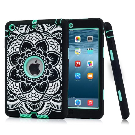 Hocase Double Layer Rugged Hard Rubber Case for Apple iPad Mini / 2 / 3 - Black Flower / Mint Green