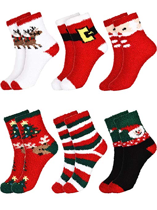 Tatuo 6 Pairs Christmas Fuzzy Socks Women Plush Slipper Socks Warm Microfiber Socks for Home Wearing Holiday Party Gifts