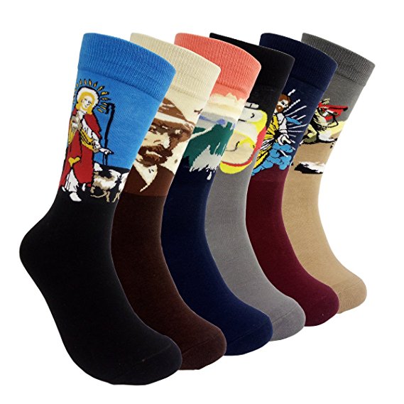 Famous Painting Art Printed Mens Dress Socks - HSELL Crazy Patterned Fun Crew Cotton Socks 6 Pack