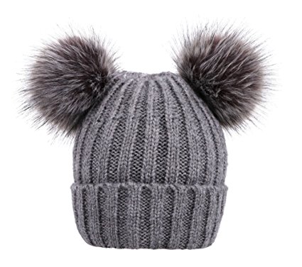 Arctic Paw Cable Knit Beanie with Faux Fur Pompom Ears Grey