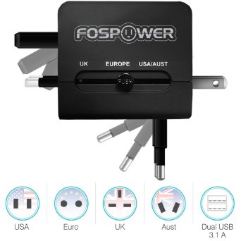 FosPower FUSE WorldWide Universal AC International Adapter Travel Charger with Dual 31A USB Charging Ports US UK EU AU - Black
