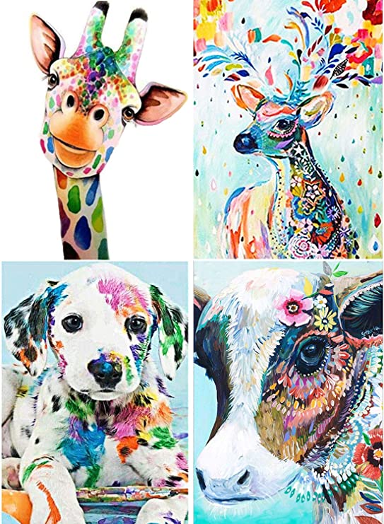5D Diamond Painting Kit, 4 Pack Colorful Animals Full Drill Arts Craft Canvas Supply for Home Wall Decor Adults and Kids Great Time Passing Tool (Animal 2: 12''x15.7''/ 30x40cm)