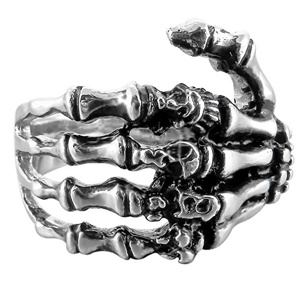 INBLUE Men's Stainless Steel Ring Band Silver Tone Black Skull Hand Bone