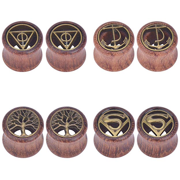 IPINK 4 Pairs Tree of Life Anchor Hallows Organic Wood Tunnels Double Flared Ear Stretcher Saddle Plugs Gauge 8mm - 20mm