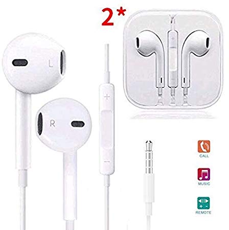 Parmeic in-Ear Earbuds Headphones, 2 Pack Wired Earphones Stereo Bass Noise Cancelling Ear Buds Headsets with Microphone and Volume Control Compatible with iPhone 6 6s Plus 5s 5c and All 3.5mm Phones