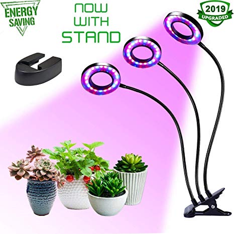 LED Plant Grow Lights, Indoor Grow Light with Stand and Desk Clip, 90 Full Spectrum Bulbs, Auto ON & Off 4/8/12H Timer, 3-Head Adjustable Gooseneck