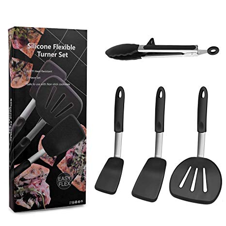Silicone Turner Spatula Set - 600ºF Heat-Resistant Flexible Rubber Silicone Spatulas, BPA Free,Non-Stick Stainless Steel Cooking Utensils for Cooking Flipping Pressing Fish Pancake Eggs - 4 Pack