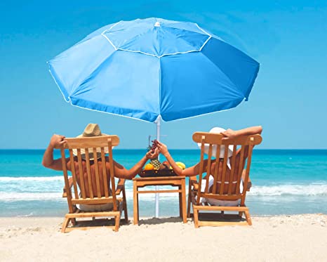 HL 7ft Beach Umbrella UPF 50  UV Protenction Umbrella with Tilt and Sand Anchor,Windproof Umbrella Portable Sunshade Shelter with Air Vents for Beach,Sand,Outdoor,Patio and Garden (Sky Blue)