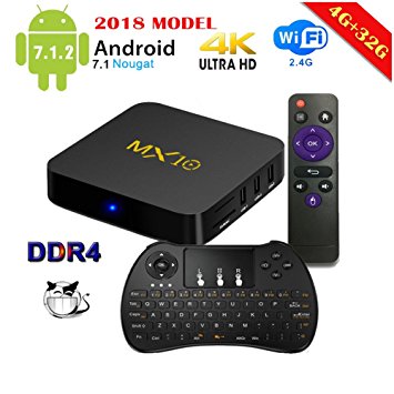 Android TV Box, MX10 Smart Box RK3328 Quad Core 4GB RAM 32GB Storage Android 7.1 Support 2.4G Wifi/100M LAN/4K Resolution/3D TV Boxes with Wireless keyboard
