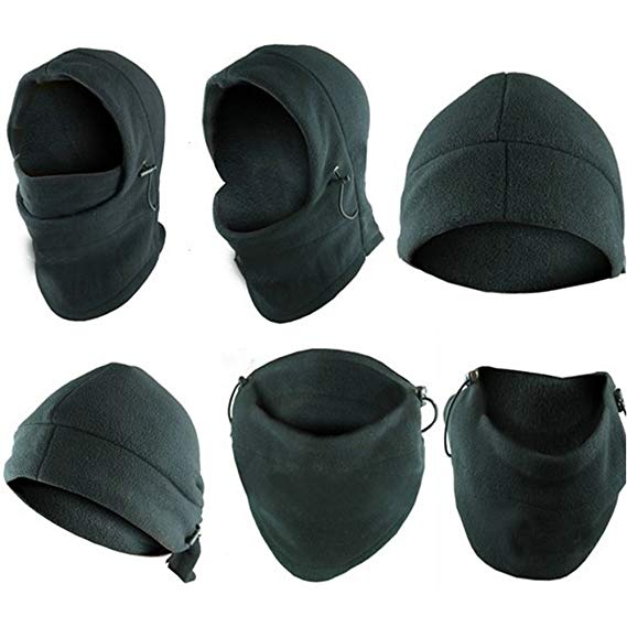 6-in-1 Neck Warmer Hoods Ski Motor Hat Thermal Balaclava Scarf Fleece Face Cs Mask, Black, 	One Size Fits All