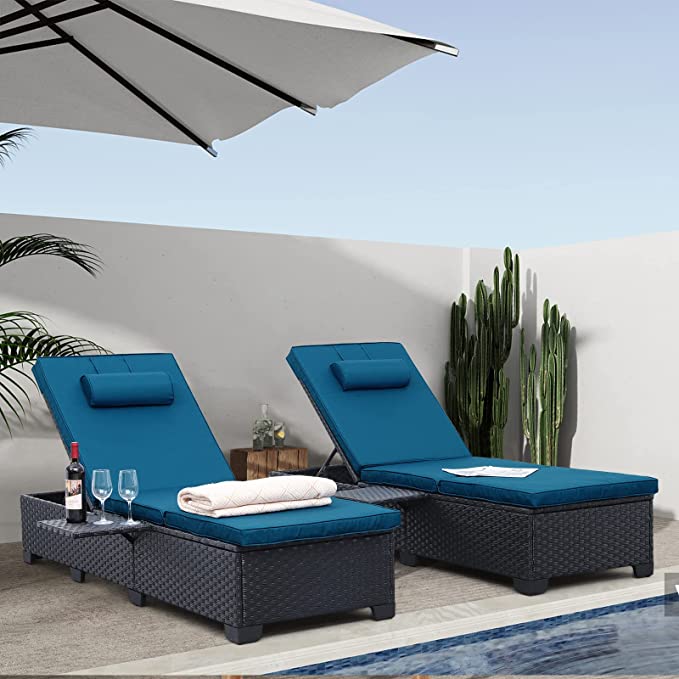 Outdoor PE Wicker Chaise Lounge for Outside - 2 Piece Patio Furniture Set Black Rattan Reclining Chair Beach Pool Adjustable Backrest Sunbathing Recliners with Peacock Blue Cushions