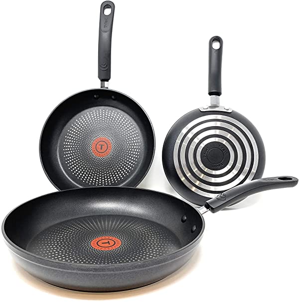 T-Fal C547S3CT Durable Titanium Nonstick Thermo-Spot Heat Indicator Fry Pan Cookware Set, 3-Piece, 8"-20.3cm,9.75"-24.8cm and 11.25"-28.6cm, Fry Pan Set (Black)