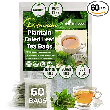 60 Plantain Leaf Tea Bags, 100% Natural & Pure Plantain Leaves. Loose Leaf Plantain Herbal Tea. Plantain Leaf Tea. No Sugar, No Caffeine, No Gluten, Vegan.