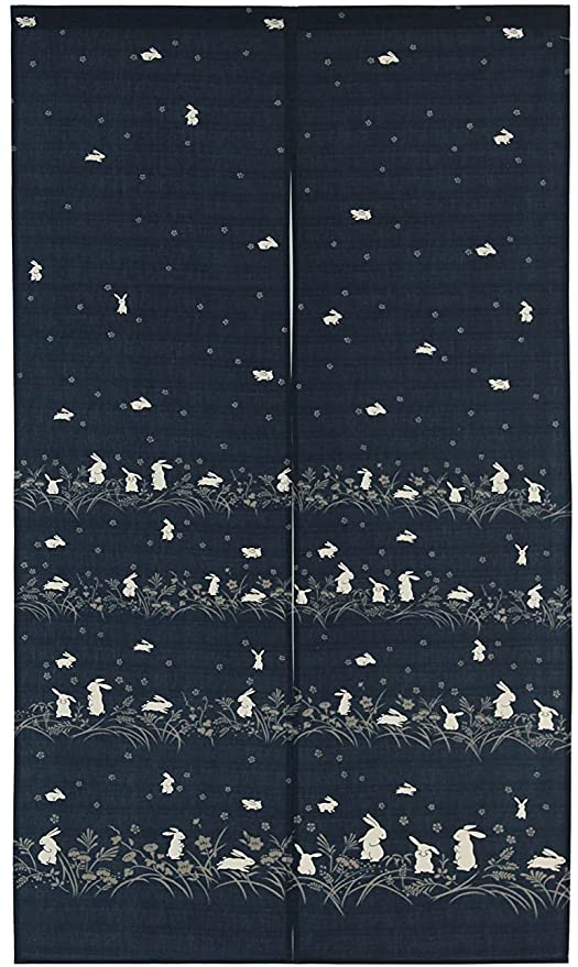 Japanese Noren Doorway Curtain Tapestry Navy blue, many rabbits with flowers