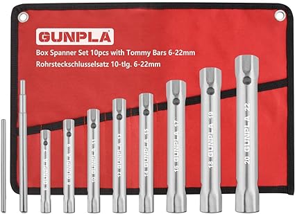 Gunpla 10 Pieces Box Spanners Set with 2 Tommy Bars, Multi Size Tap Monoblock Professional Tubular Spanner Kit Metric 6x7mm – 20x22mm Heavy Duty Double Ended Box Wrenches Plumber Tools for Water Taps