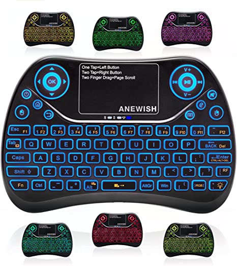 Anewish Mini Keyboard Wireless Remote Control Game Keyboard 2.4GHz USB Receiver for Android TV Box,PC,HTPC,Tablet,Smart TV,Projector, 7-Color RGB Backlit with Touchpad Mouse Combo,USB Rechargeable