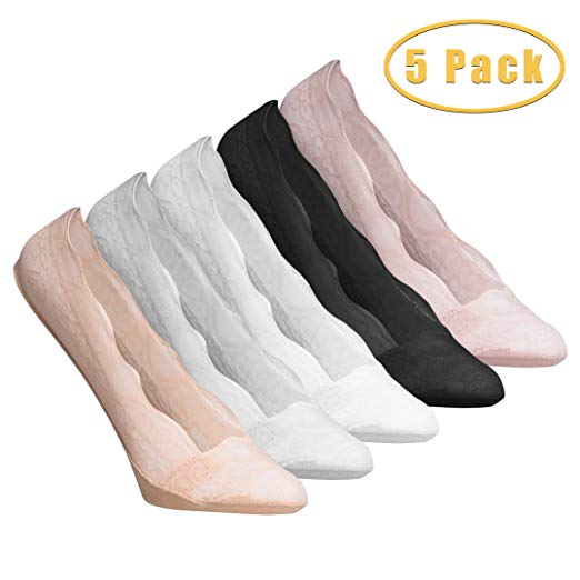No Show Socks Women’s No Show Lace Boat Socks Ladies Non Slip Ultra Low Cut Casual Socks Liner Socks with 3 Non Slip Grip For Women (5 Pairs)