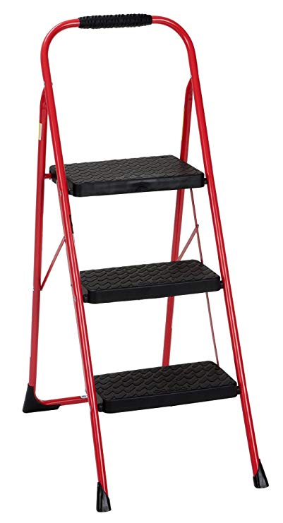 Cosco Three Step Big Step Folding Step Stool with Rubber Hand Grip, Red