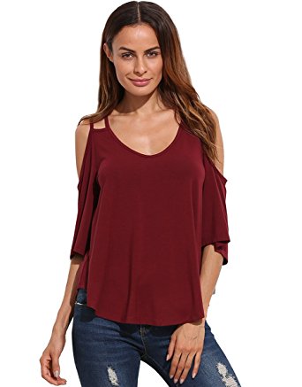 Romwe Women's Loose Tee Shirt Cold Shoulder Flowy Swing Top