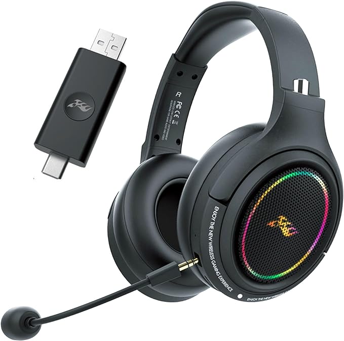 Wireless Bluetooth Gaming Headset USB and USB-C with Detachable Noise Canceling Microphone for PC PS4 PS5, 2.4G Wireless RGB Light Headphones with Mic for Phone Laptop Computer