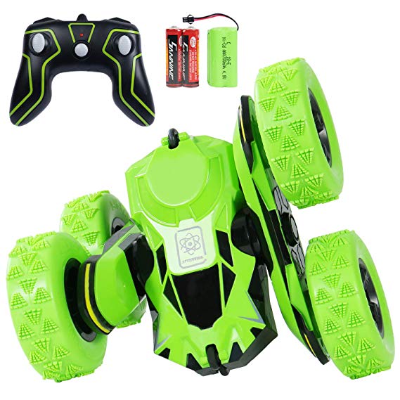 SGILE 4WD RC Stunt Car with Remote battery - 2.4Ghz Double-Side 360° Spins and Flips with LED Lights - 15 KM/H High Speed Remote Control Car for Kids 6 Years Old and Up, Green