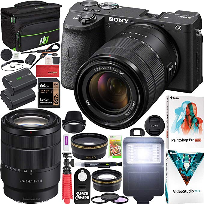 Sony a6600 Mirrorless Camera 4K APS-C ILCE-6600MB with 18-135mm F3.5-5.6 OSS Lens Kit and Deco Gear Case   Extra Battery   Flash   Wide Angle & Telephoto Lens   Filter Kit   64GB Accessories Bundle