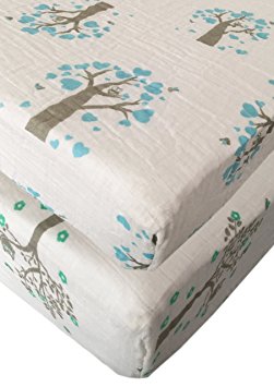 Seben Baby Crib Sheet 2 Pack - 100% Cotton Muslin - Unisex for Boys and Girls (Tree Owl Bird)