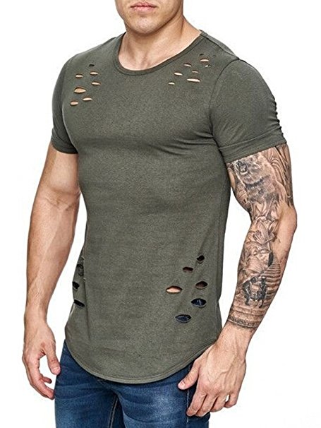 Karlywindow Men's Casual Basic Ripped Slim Fit Short Sleeve Longline Hipster T-shirts