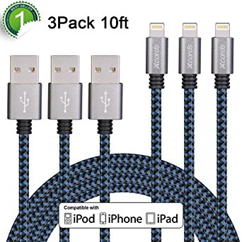 Xcords(TM) 3Pack 10FT Lightning to USB Cable with 8 Pin Connector Compatible with iPhone 7/7 Plus/6/6 Plus/6s/6s Plus /5/5s/5c/iPad/iPod and More(Black&Blue)