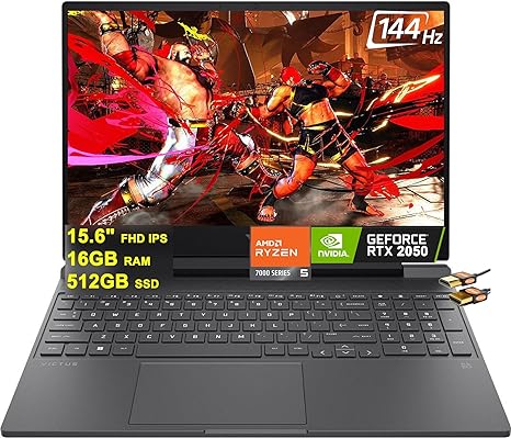 HP Victus 15 Gaming Laptop 15.6" FHD IPS 144Hz AMD Hexa-Core Ryzen 5 7535HS Processor (Beats i7-11800H) 16GB RAM 512GB SSD GeForce RTX 2050 4GB Graphic Backlit USB-C B&O Win11 Black   HDMI Cable