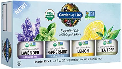 Garden of Life Essential Oils Starter Pack (Lavender, Peppermint, Lemon, Tea Tree) 2 fl oz Liquid (60 mL) - Set of 4-0.5 fl oz Bottles, 100% USDA Organic & Pure, Non-GMO, for Diffuser, Aromatherapy