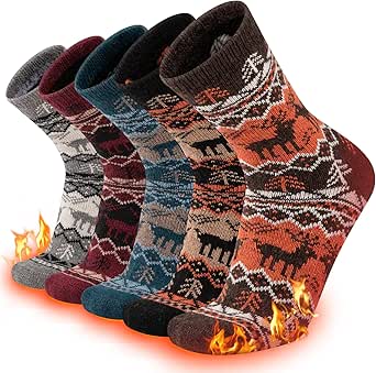 COOPLUS Wool Socks Mens Warm Winter Thermal Thick Pattern Crew Socks for Cold Weather (5 Pairs)