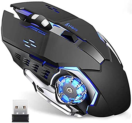 Wireless Gaming Mouse with Unique Silent Click, Breathing Backlight, 2 Side Buttons, (2400, 1600, 1200, 800) DPI, Ergonomic Handle, 6 Buttons, Suitable for PC Notebook Gamers. (Black-1)