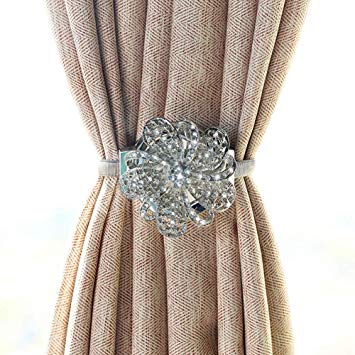 YunNasi 2 Pack magnetic Curtain Tiebacks Crystal Flower Curtain Holdback Buckles Clip Home Office Decoration (Silver1)