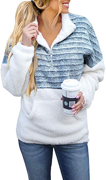 MEROKEETY Women's Long Sleeve Contrast Color Zipper Sherpa Pile Pullover Tops Fleece with Pocket