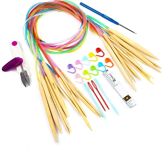 GWHOLE Knitting Needles Set 10 Pairs Circular Bamboo Knitting Needles with Colorful Plastic Tube & Tools Set - 10 Size